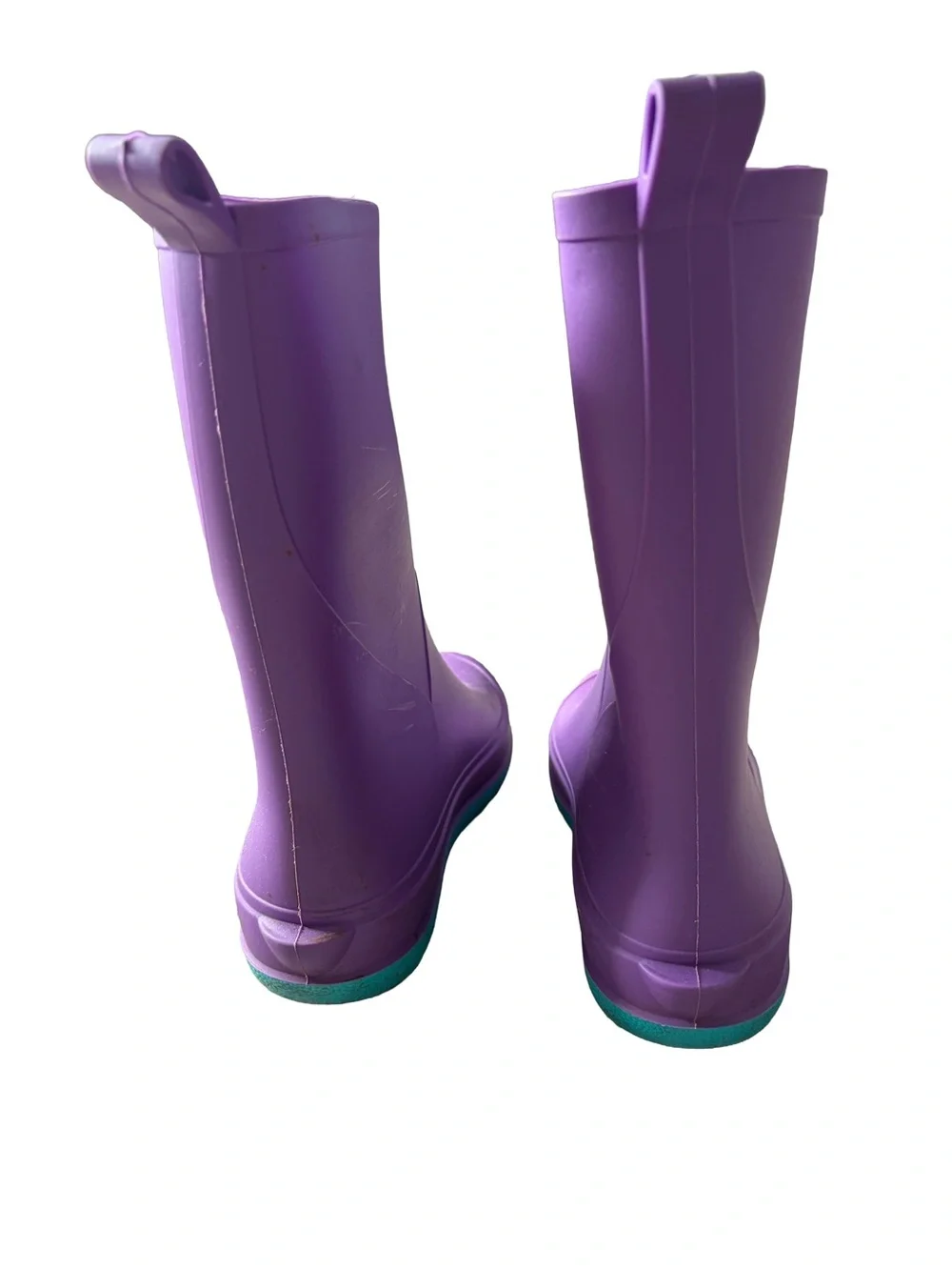 Size 2 Cat & Jack Tall Andy Slip On Purple Rain Boots with Teal Soles